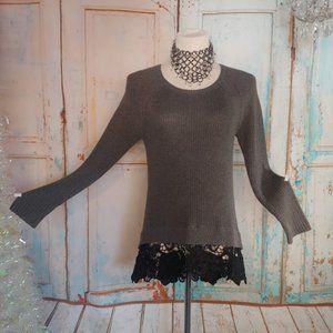 MADE for impulse long sleeve crew neck sweater dress w lace trim/size M/grey blk